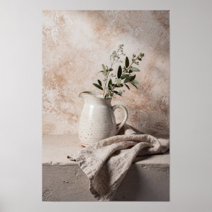 Speckled Ceramic Pitcher and Greenery Still Life Poster