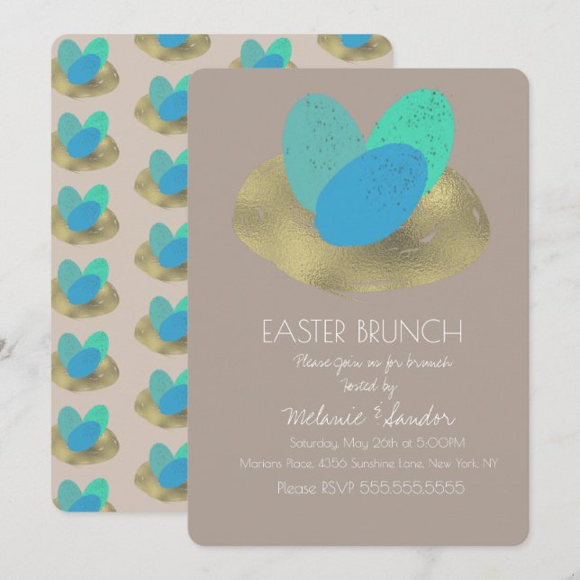 Speckled Easter Egg Gold Nest Dinner Brunch Family Invitation (Front/Back)
