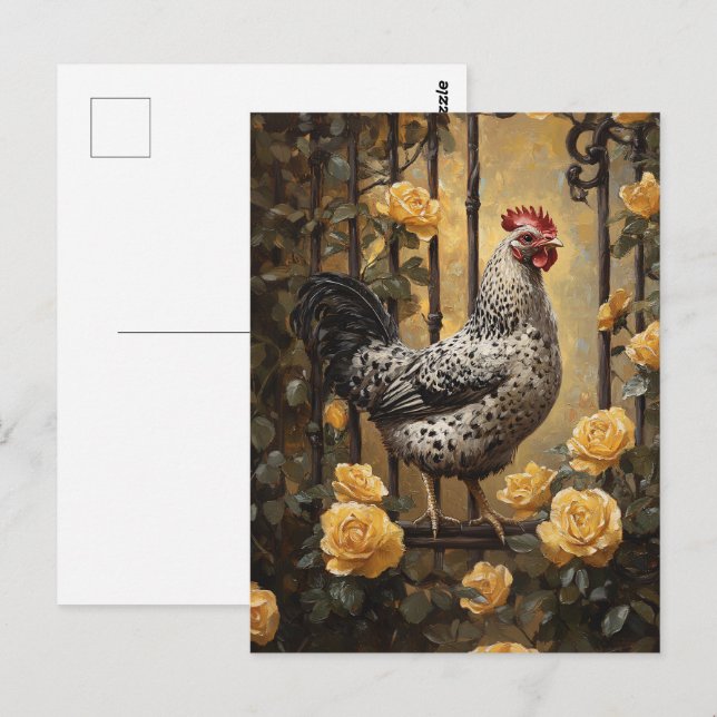Speckled Hen with Yellow Roses Oil Painting Postcard (Front/Back)