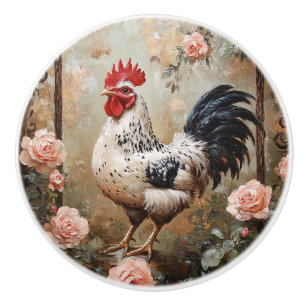 Speckled Rooster Among Pink Roses Ceramic Knob