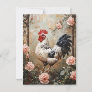 Speckled Rooster Among Pink Roses Postcard
