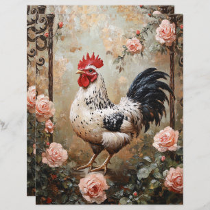 Speckled Rooster Among Pink Roses Scrapbook Paper