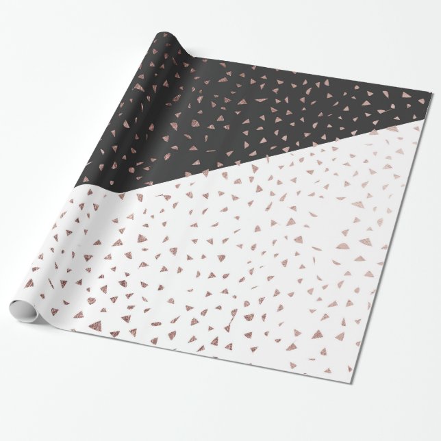 Speckled Rose Gold Flakes on Black White Geometric Wrapping Paper (Unrolled)