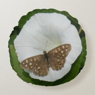 Speckled Wood Butterfly on Bindweed Round Pillow
