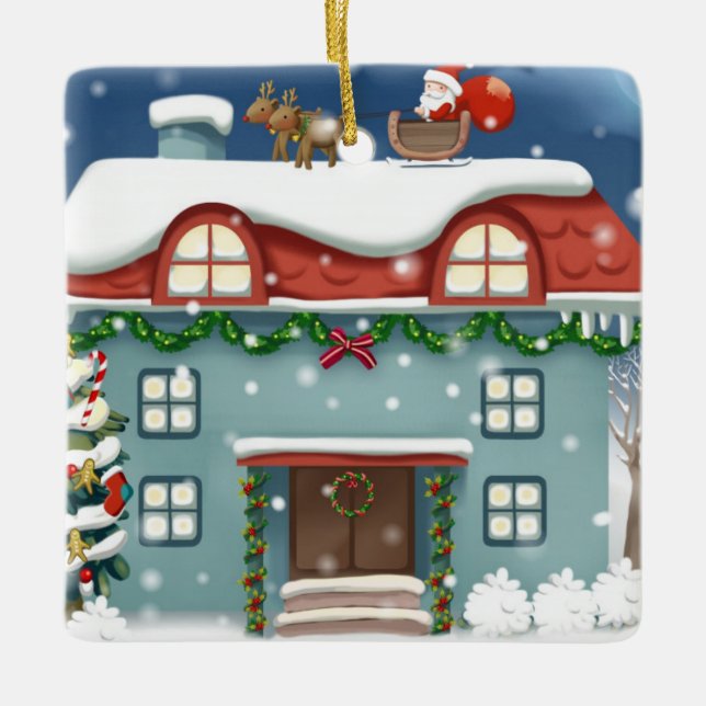 Spectacular holiday colored  house ceramic ornament (Front)