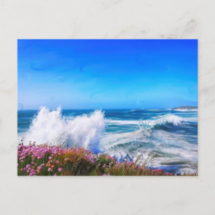 Spectacular impressionist wave with pink flowers postcard