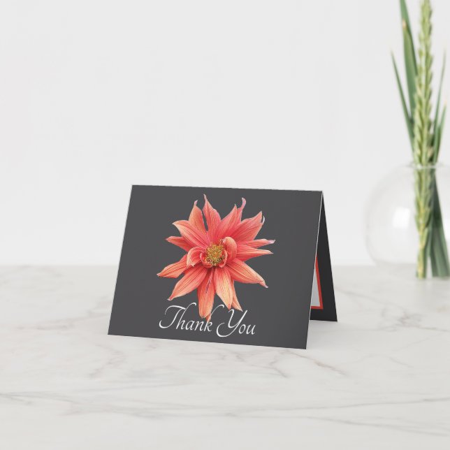 Spectacular Orange Dahlia Gray Elegant Thank You Card (Front)