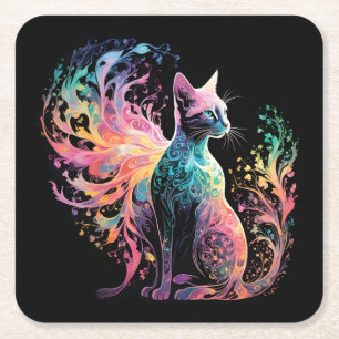 Spectral Holographical Cat: A Prism of Elegance Square Paper Coaster