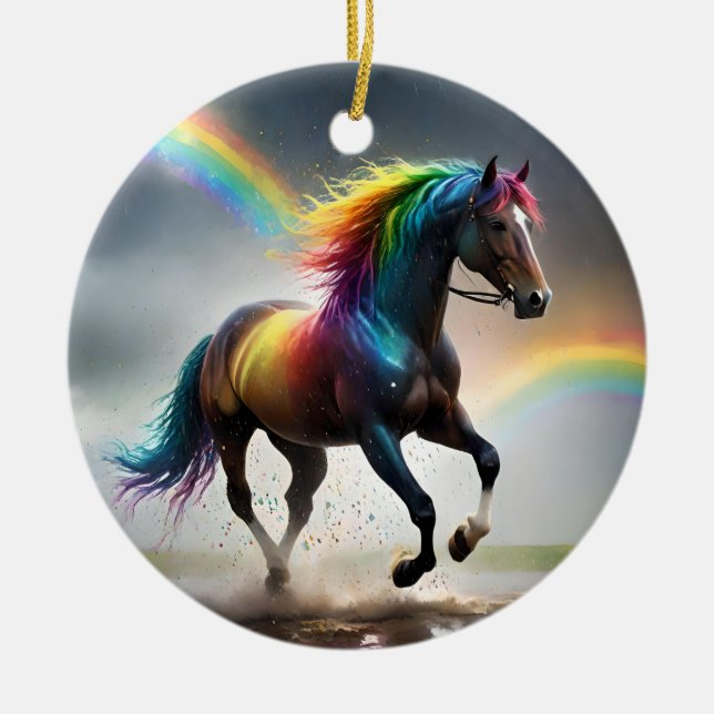 Spectrum of Grace: Rainbow Horse Beneath Rainbows Ceramic Tree Decoration (Front)