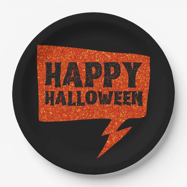 Speech Bubble Glitter Happy Halloween Paper Plate (Front)