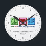 Speech Language Pathology Peace Love SLP Custom Round Clock<br><div class="desc">Peace Love SLP. I love speech therapy. A speech language pathologist office wall clock. Peace Love Speech Language Pathology.</div>