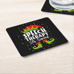 Speech Therapy Elf Squad Christmas SLP Therapist Square Paper Coaster