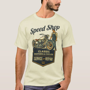 Speed Shop – Classic Motors & Cycles Retro Garage  T-Shirt