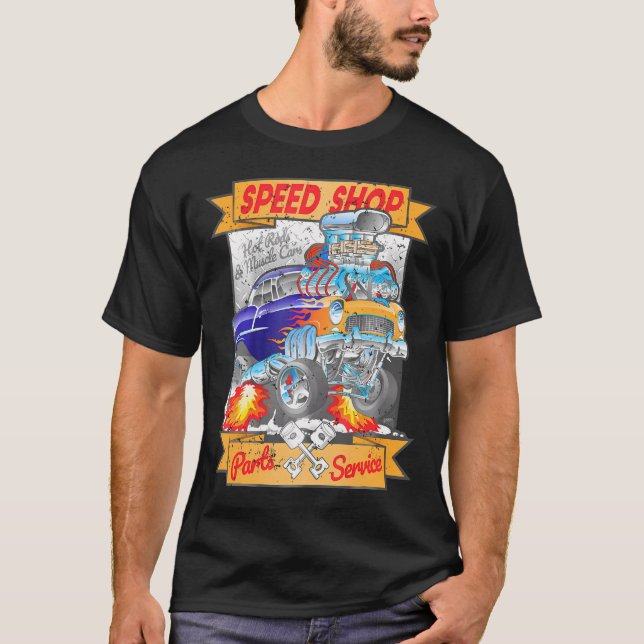 Speed Shop Hotrod Muscle Car Cartoon T-Shirt (Front)