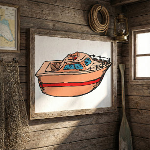 Speedboat Illustration Fun Nautical Boat Design Poster