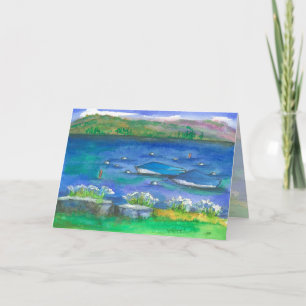 Speedboat Mountain Lake Watercolor Happy Birthday Card