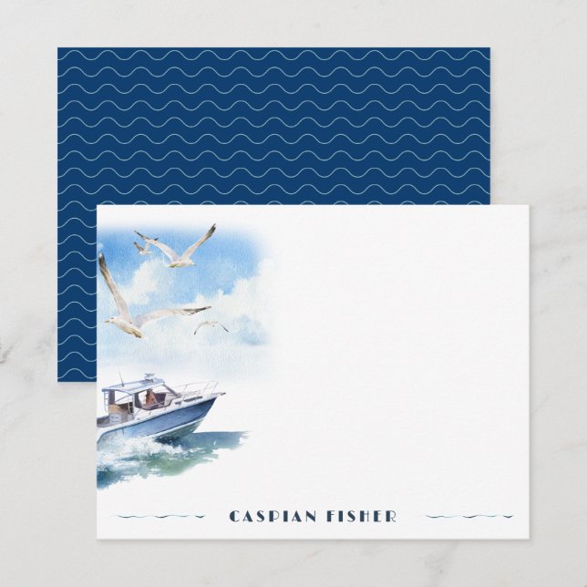 Speedboat Seagulls Watercolor Stationery Note Card (Front/Back)