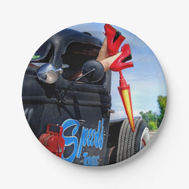 Speeds Towing Rat Rod Truck Rockabilly Betty Pinup Paper Plate (Front)