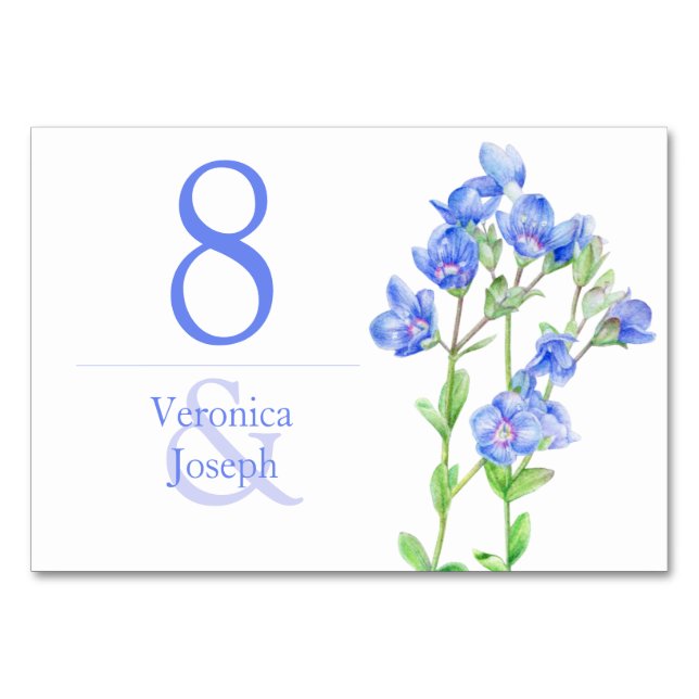 Speedwell blue wildflower wedding table card (Back)