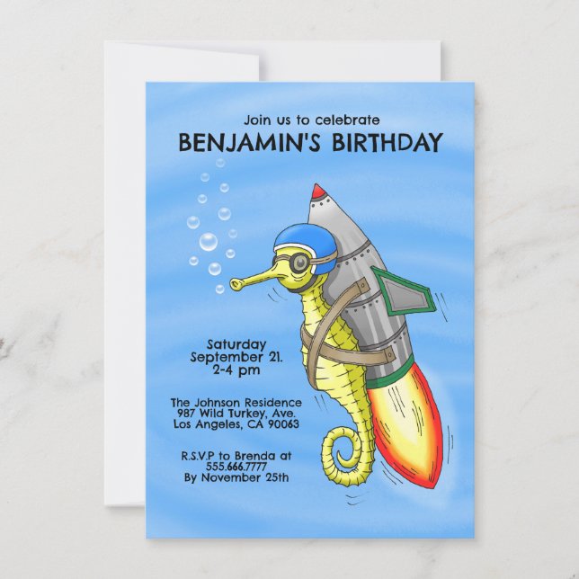 Speedy Rocket Seahorse Birthday Invitation (Front)