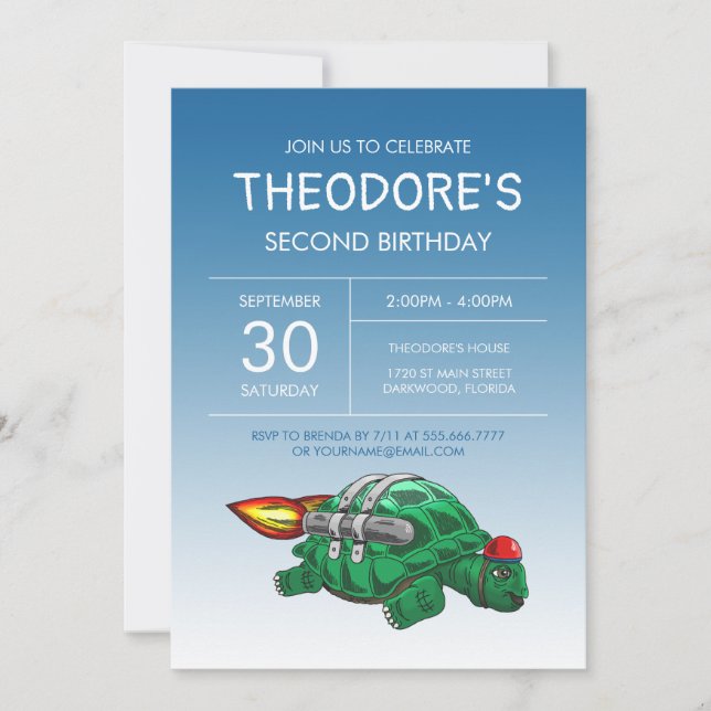 Speedy Rocket Turtle Birthday Invitation (Front)