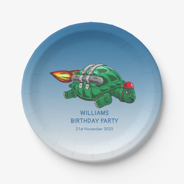 Speedy Rocket Turtle Birthday Paper Plate (Front)