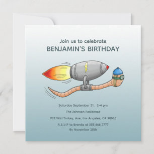 Speedy Rocket Worm Birthday Invitation