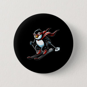Speedy Skiing Penguin With Red Cape Mascot Alpine  6 Cm Round Badge