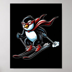 Speedy Skiing Penguin With Red Cape Mascot Alpine Poster