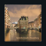 Speicherstadt, Hamburg Magnet<br><div class="desc">a nighttime photo of the Speicherstadt in Hamburg is featured on this souvenir magnet. The text is customisable or removable. The magnets make an ideal gift, or a personal present to stick on your fridge or filing cabinet. This square magnet is 2" x 2" (5cm x 5cm) or you can...</div>