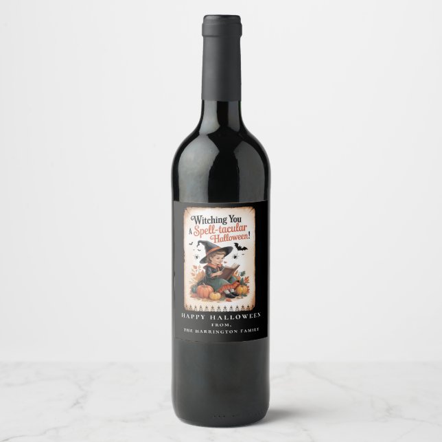 Spell-Binding Halloween Witch Vintage Pumpkin  Wine Label (Front)