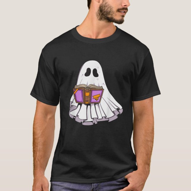 Spell Book Reading Ghost Halloween Comic Ghost Kid T-Shirt (Front)
