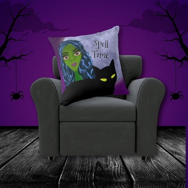 Spell Time Green Witch Black Cat Blue Full Moon Cushion (Creator Uploaded)