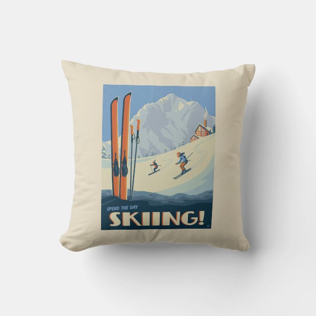 Spend the Day Skiing Vintage Cushion (Front)