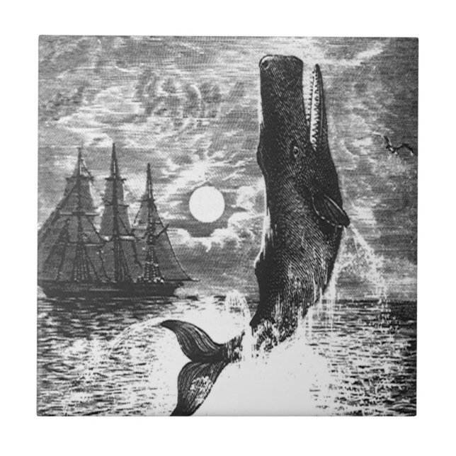 Sperm Whale Breaching, Vintage Marine Life Animals Tile (Front)