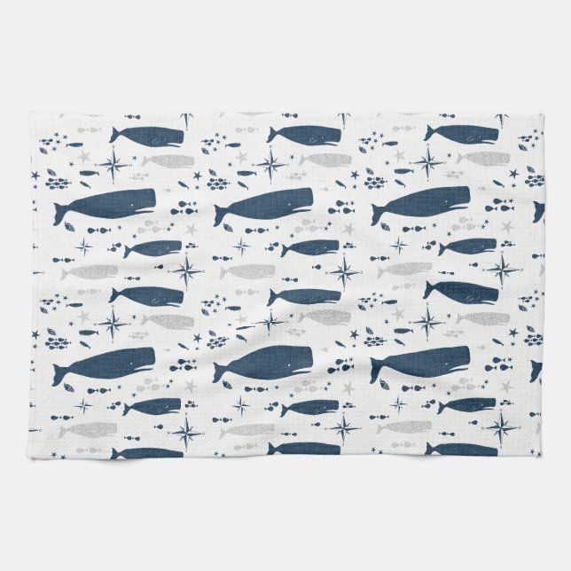SPERM WHALE WHITE BLUE WITH TEXTURE TEA TOWEL (Horizontal)