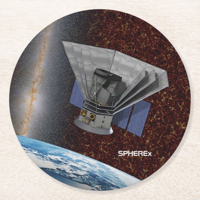 SPHEREx Galaxy Hunter Spacecraft Round Paper Coaster (Front)