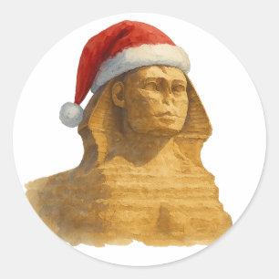 Sphinx of Egypt Santa Hat Watercolor Christmas Classic Round Sticker
