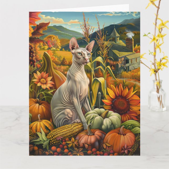 Sphynx Cat Autumn Harvest Thanksgiving Card (Yellow Flower)