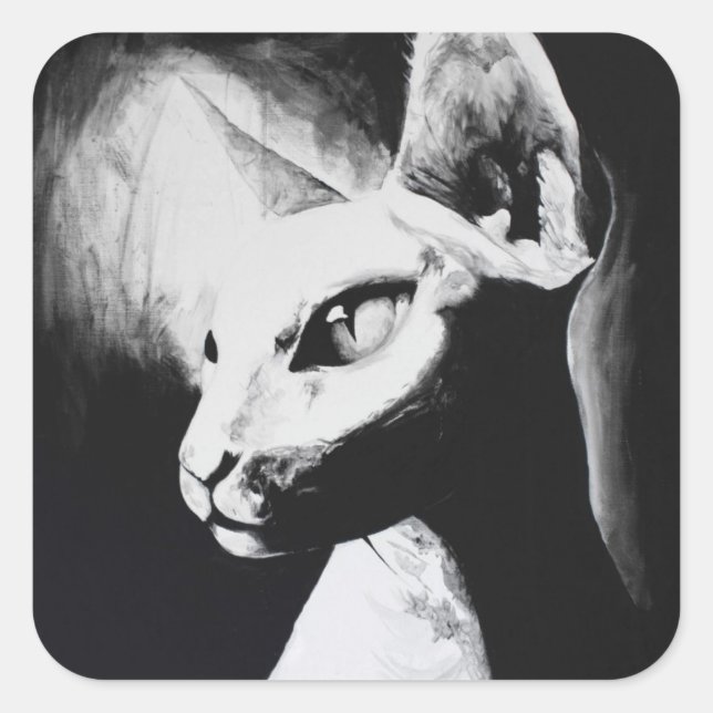 Sphynx Cat Black White Contrast Hairless Kitty Art Square Sticker (Front)