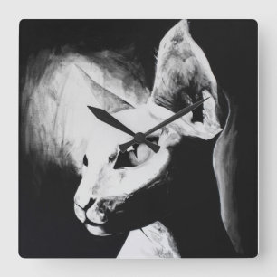 Sphynx Cat Black White Contrast Hairless Kitty Art Square Wall Clock