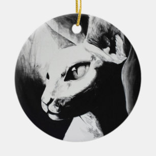 Sphynx Cat Black White Contrast Kitty Portrait Art Ceramic Tree Decoration