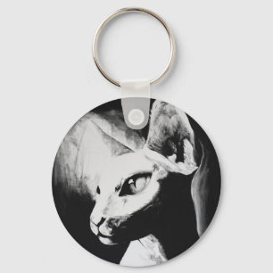 Sphynx Cat Black White Contrast Kitty Portrait Art Key Ring