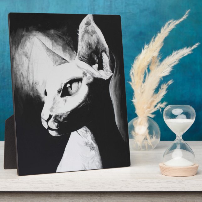 Sphynx Cat Black White Contrast Kitty Portrait Art Plaque (Side)