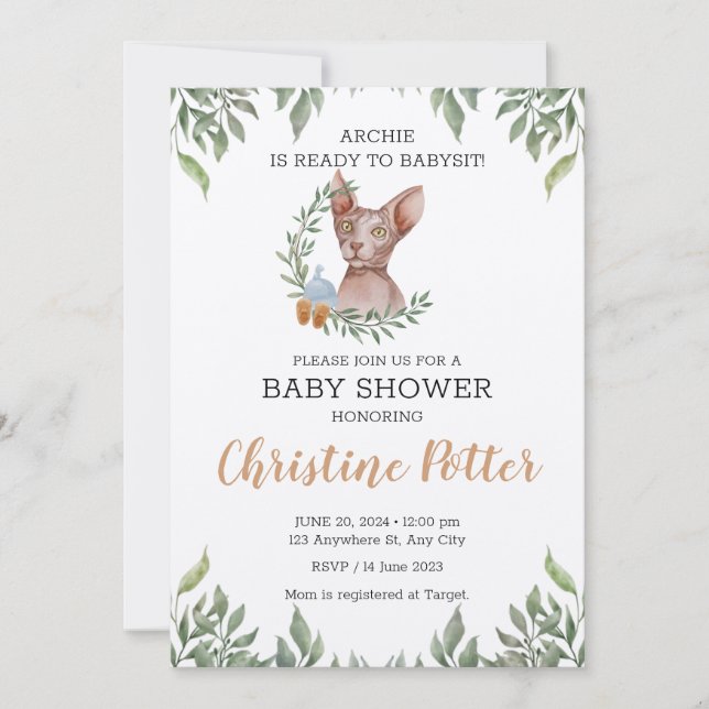 Sphynx Cat Boy Boho Greenery Baby Shower Invitation (Front)