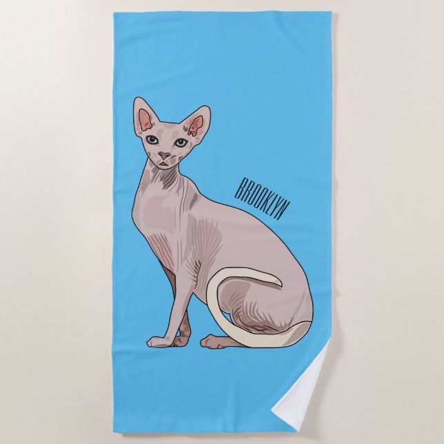Sphynx cat cartoon illustration  beach towel (Front)