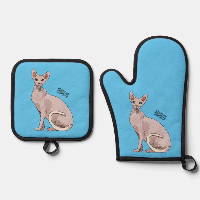 Sphynx cat cartoon illustration  oven mitt & pot holder set (Front)