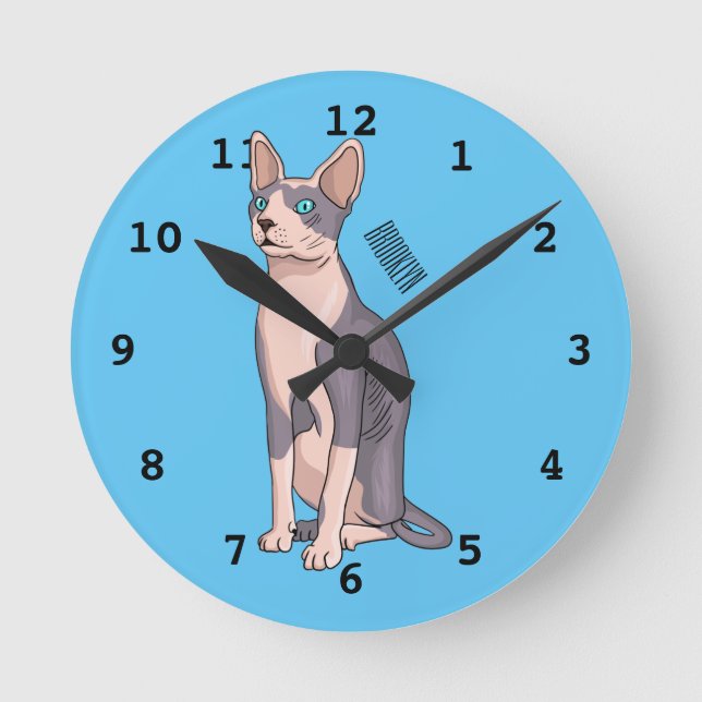 Sphynx cat cartoon illustration round clock (Front)