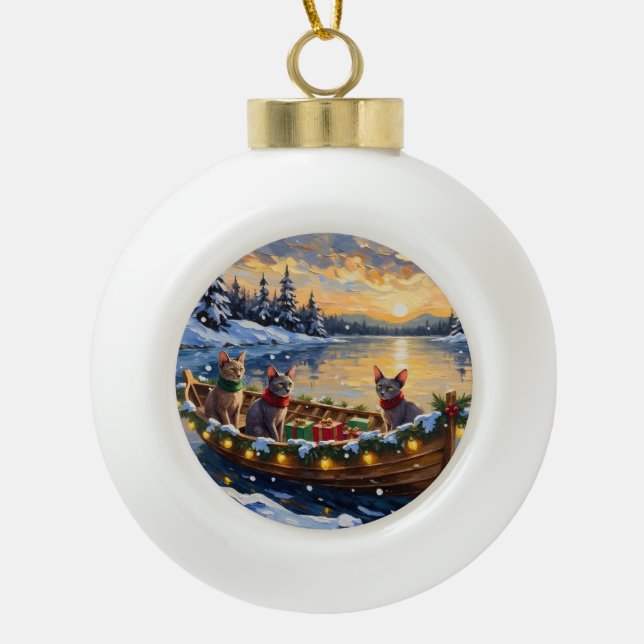Sphynx Cat Christmas Boat Holiday Ceramic Ball Christmas Ornament (Front)