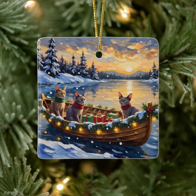 Sphynx Cat Christmas Boat Holiday Ceramic Ornament (Tree)